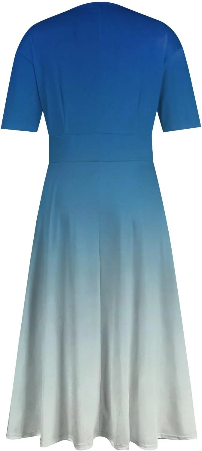 FlekmanArt Maxi Dress for Women Printing Short Sleeve Swing Dress Waist V Neck Maxi Dress A-Line Elegant Beach Dress
