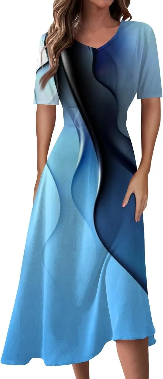 FlekmanArt Maxi Dress for Women Printing Short Sleeve Swing Dress Waist V Neck Maxi Dress A-Line Elegant Beach Dress