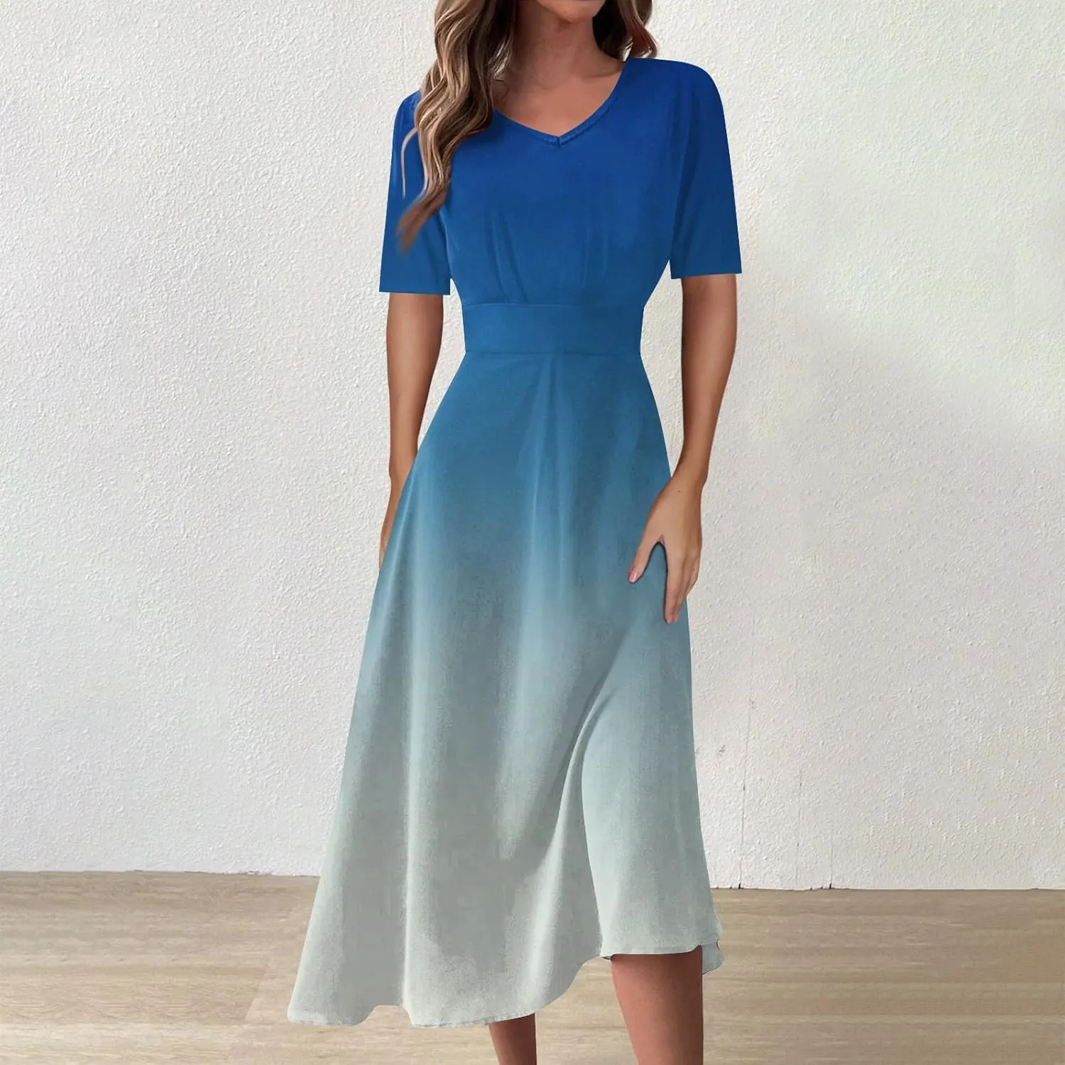 FlekmanArt Maxi Dress for Women Printing Short Sleeve Swing Dress Waist V Neck Maxi Dress A-Line Elegant Beach Dress