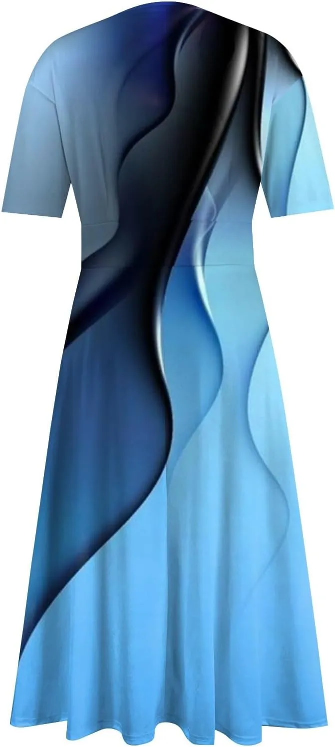 FlekmanArt Maxi Dress for Women Printing Short Sleeve Swing Dress Waist V Neck Maxi Dress A-Line Elegant Beach Dress