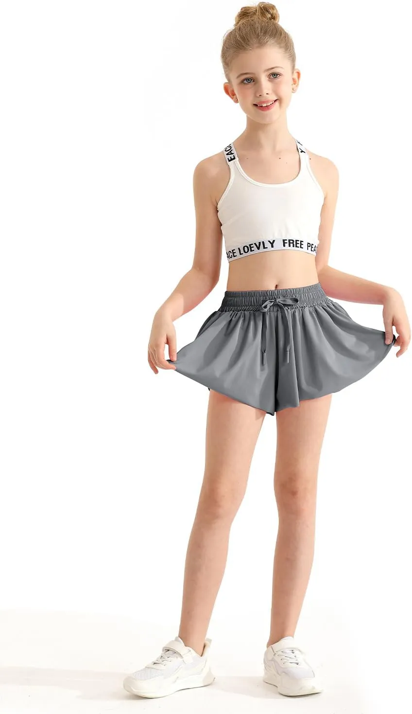 Girls Athletic Flowy Shorts with Spandex Liner 2-in-1 Kids Butterfly Short for Running,Sports,Fitness,Tennis