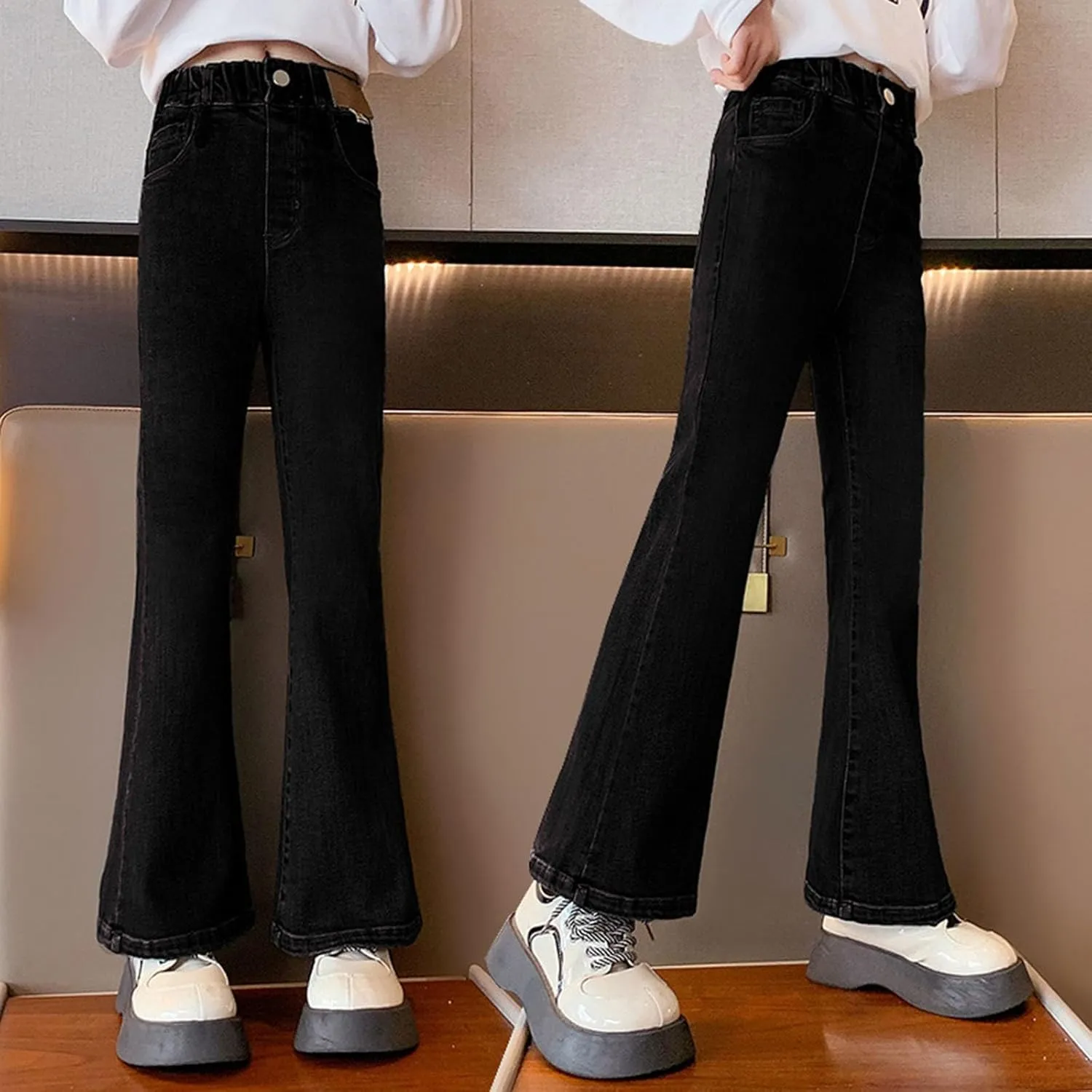 Girls High Waist Jeans Child Girl Skinny Slim Fit Jeans Black Jeans Flare Jeans Kids Trendy Stretchy Denim Pants
