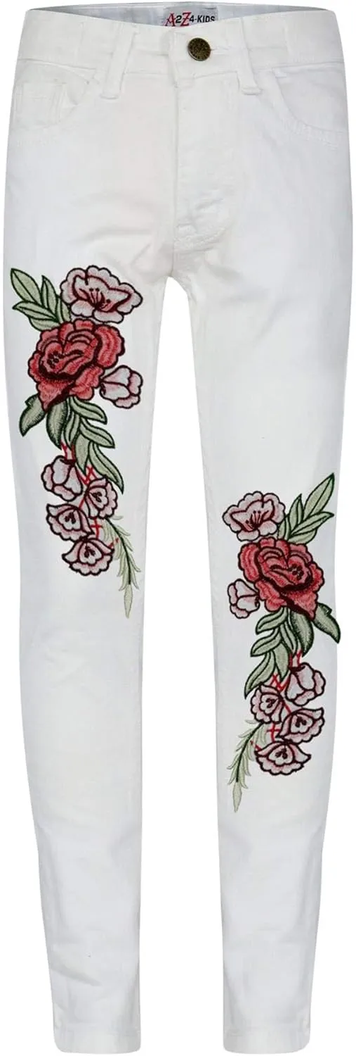 Girls Jeans Stretchy Roses Embroidered Denim Pants - Girls Jeans JN26 White 9-10
