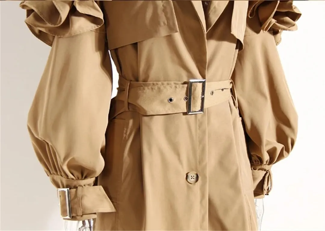 Hdhdeueh Women Vintage Button Long Trench Coat With Belt Solid Lapel Long Sleeves Classic Outerwear