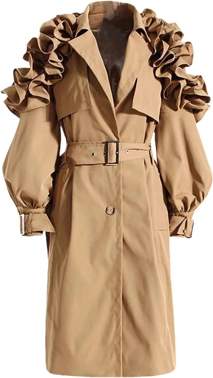 Hdhdeueh Women Vintage Button Long Trench Coat With Belt Solid Lapel Long Sleeves Classic Outerwear