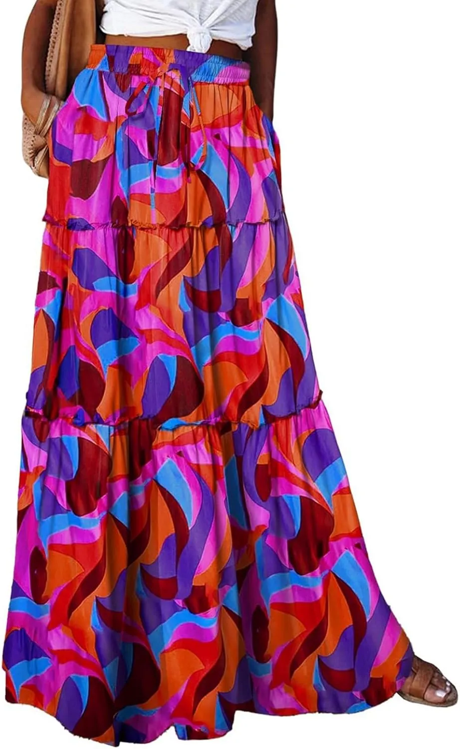 Long Skirts for Women Summer Elastic Waist Peasant Casual Festival Trendy Vacation Floral Beach Pleated Country Swing Skirts