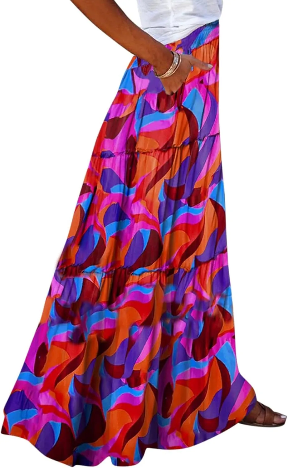 Long Skirts for Women Summer Elastic Waist Peasant Casual Festival Trendy Vacation Floral Beach Pleated Country Swing Skirts