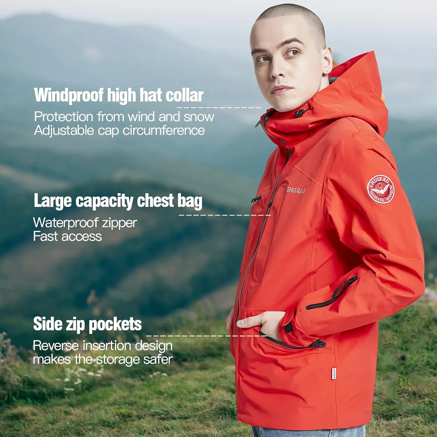 Men Waterproof Hooded Rain Jacket, Windbreaker Lightweight Breathable Packable Raincoat for Outdoor, Camping, Hiking