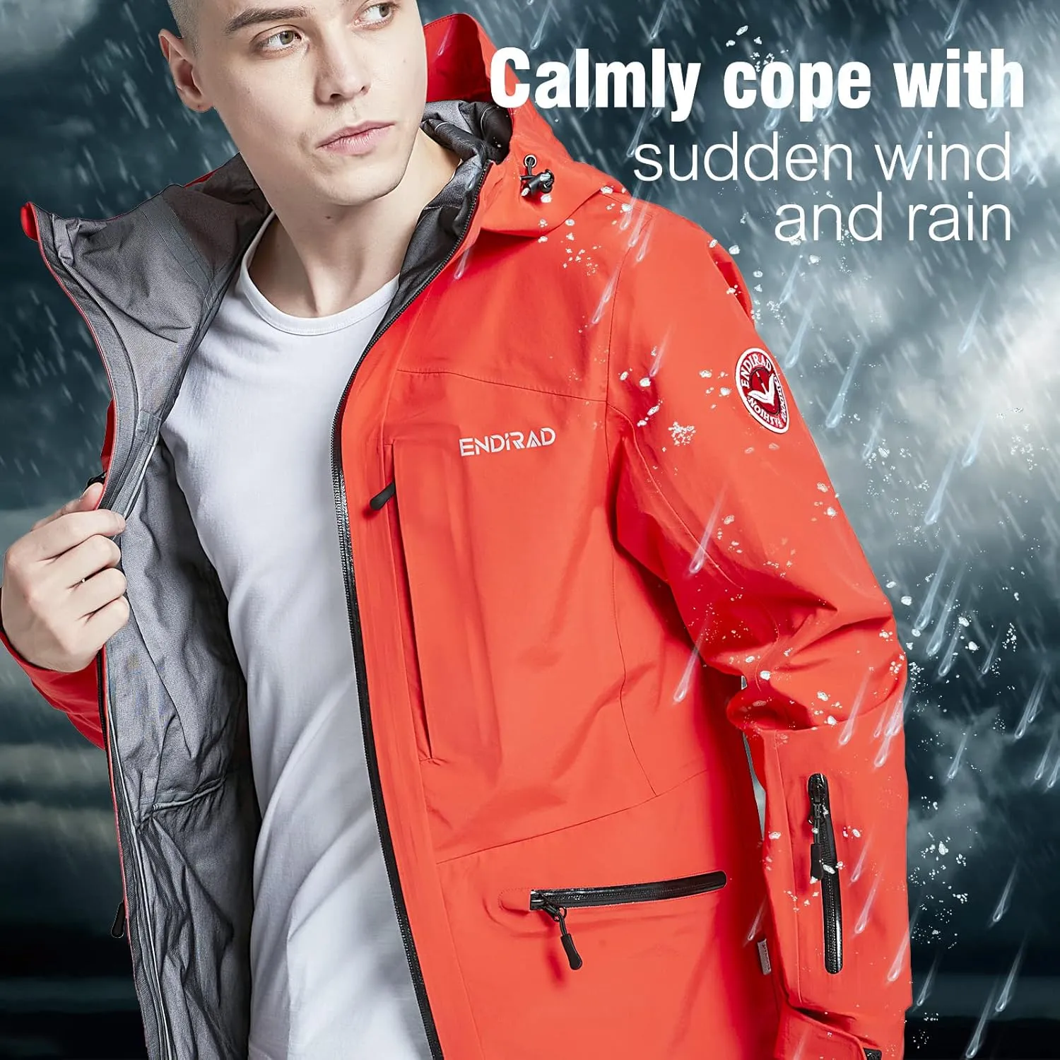 Men Waterproof Hooded Rain Jacket, Windbreaker Lightweight Breathable Packable Raincoat for Outdoor, Camping, Hiking