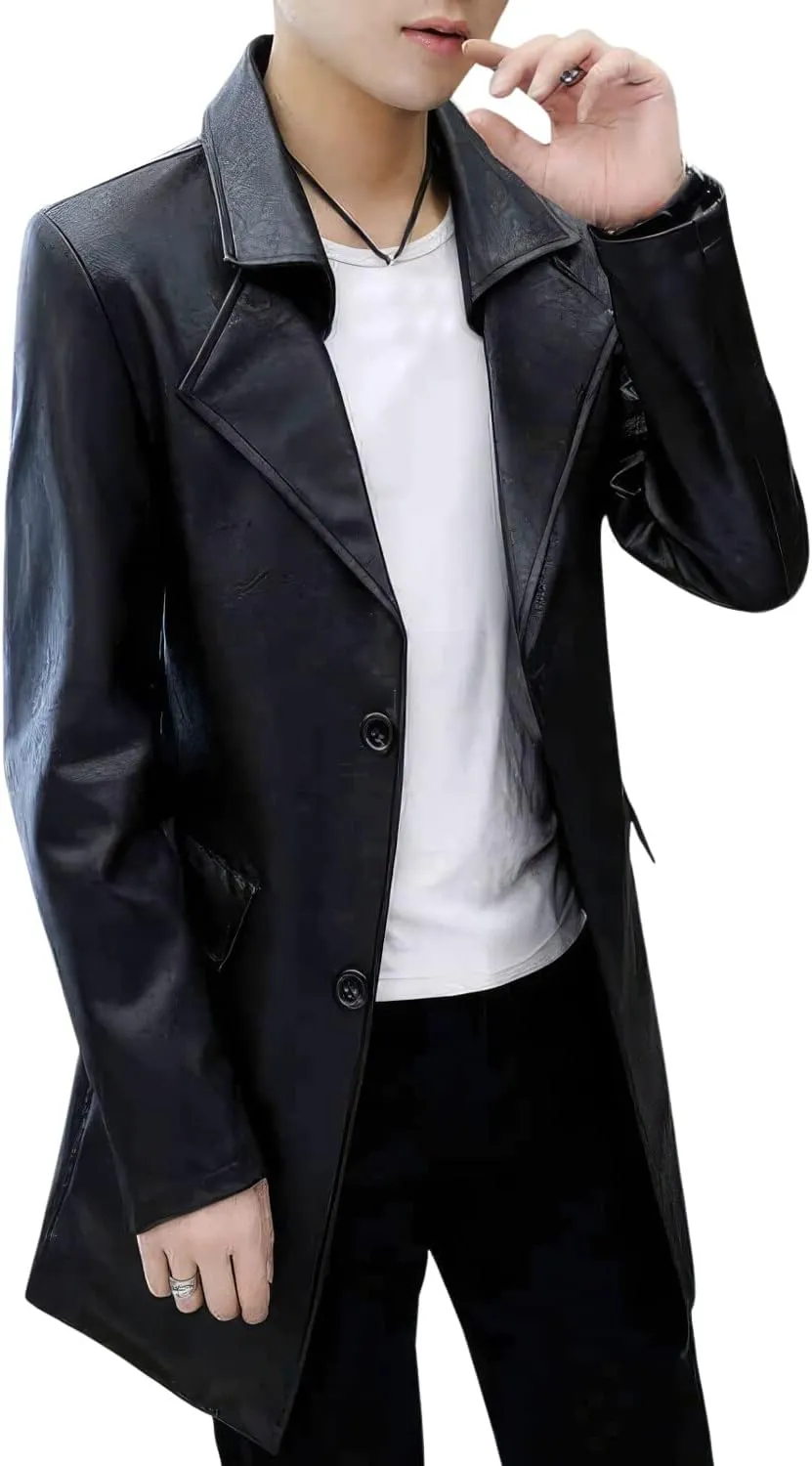 Men's Classic Black Sheepskin Biker Leather Trench Coat British Style Moto Elegance