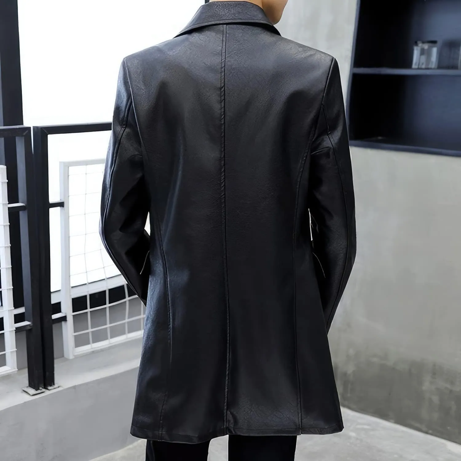 Men's Classic Black Sheepskin Biker Leather Trench Coat British Style Moto Elegance