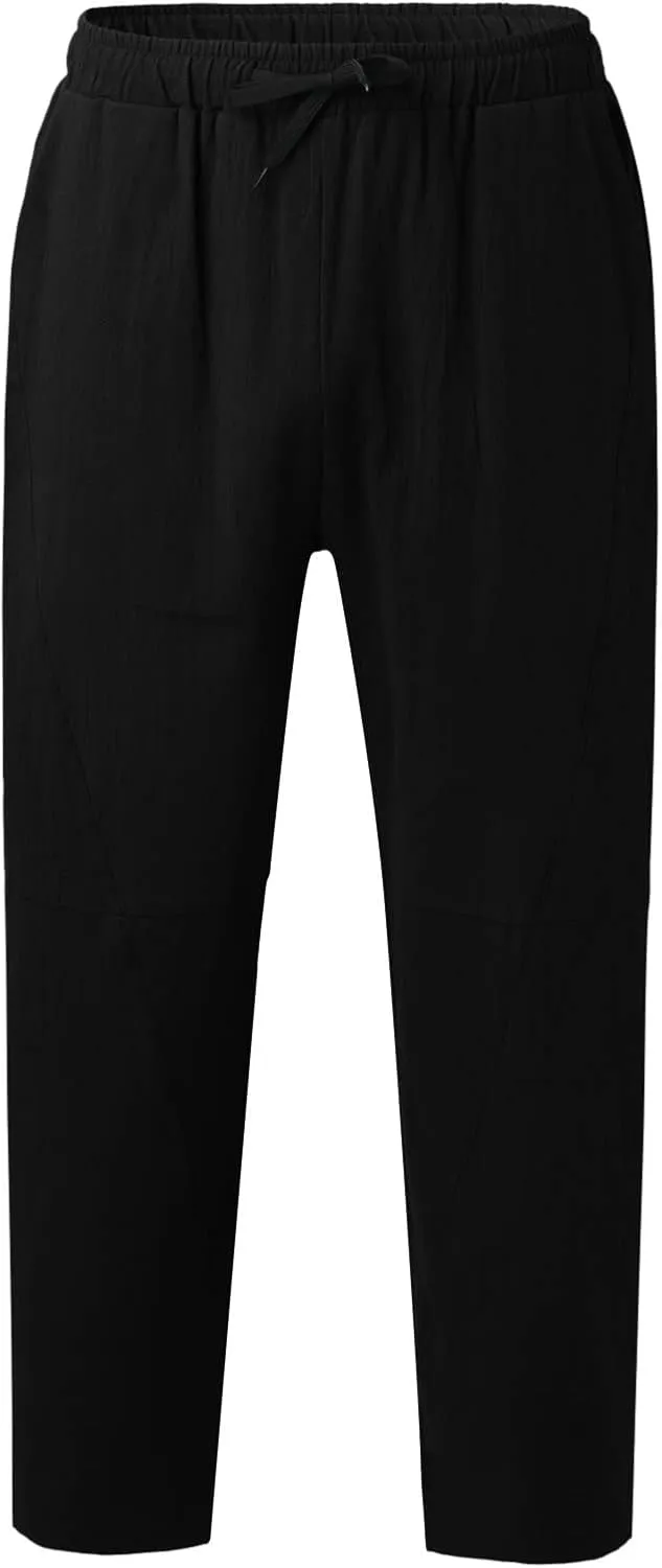 Mens Linen Pants Lightweight Loose and Light Running Workout Gym Track Pants Multi-Pocket Summer Beach Yoga Trousers