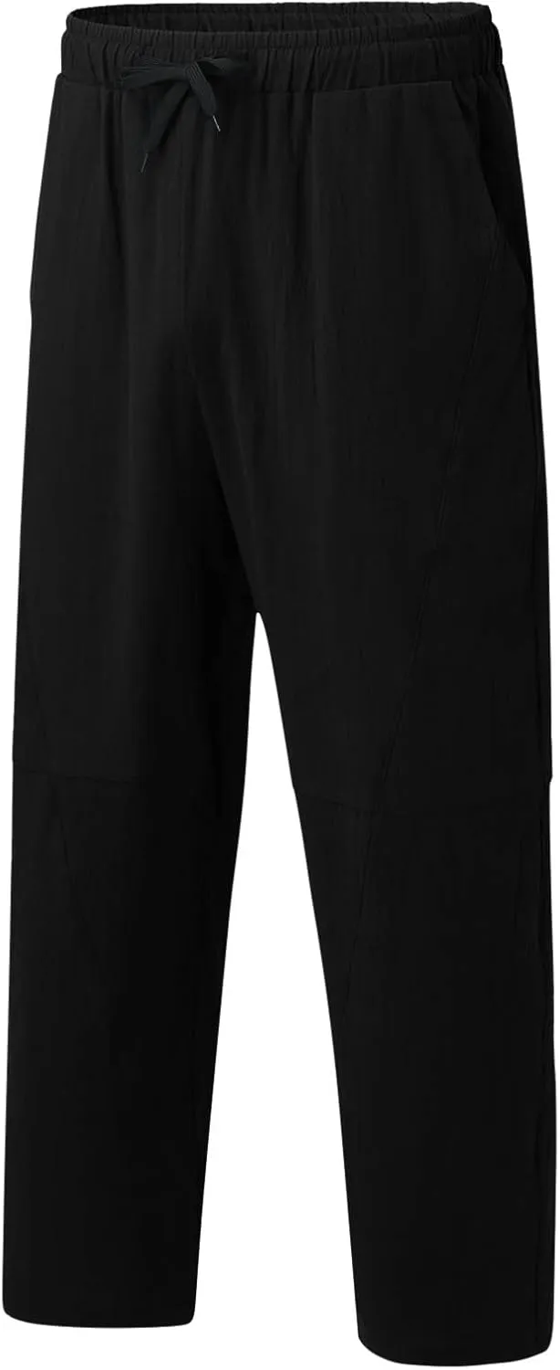 Mens Linen Pants Lightweight Loose and Light Running Workout Gym Track Pants Multi-Pocket Summer Beach Yoga Trousers
