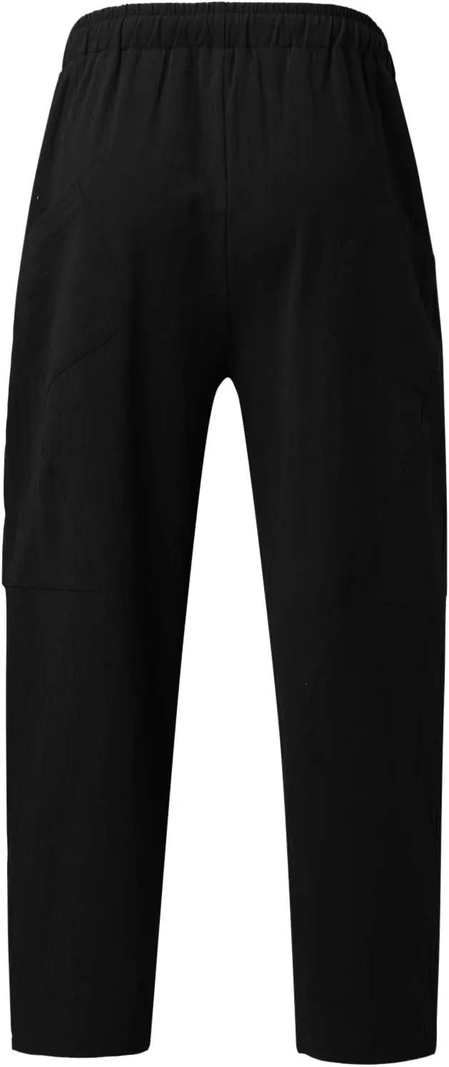 Mens Linen Pants Lightweight Loose and Light Running Workout Gym Track Pants Multi-Pocket Summer Beach Yoga Trousers