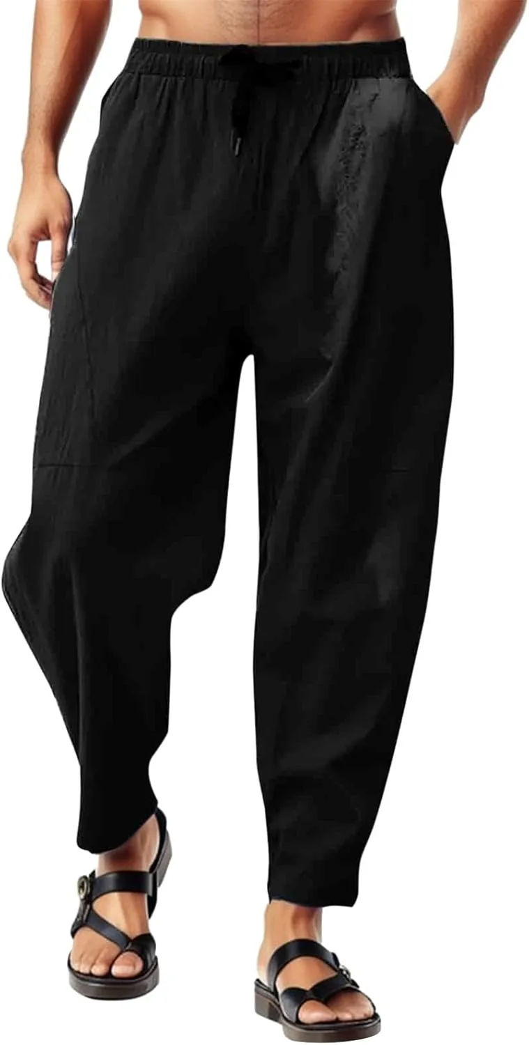 Mens Linen Pants Lightweight Loose and Light Running Workout Gym Track Pants Multi-Pocket Summer Beach Yoga Trousers