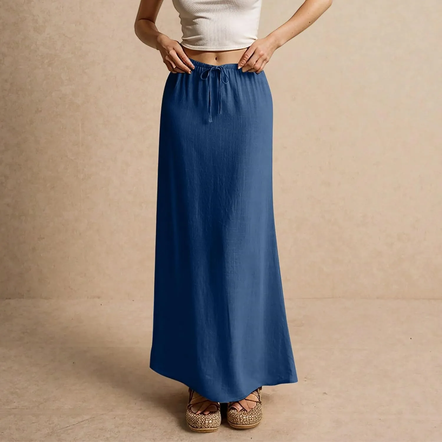 Pencil Skirt for Women Cotton Linen Summer Skirts Trendy Elastic Waist Drawstring Long Skirts for Beach Vacation