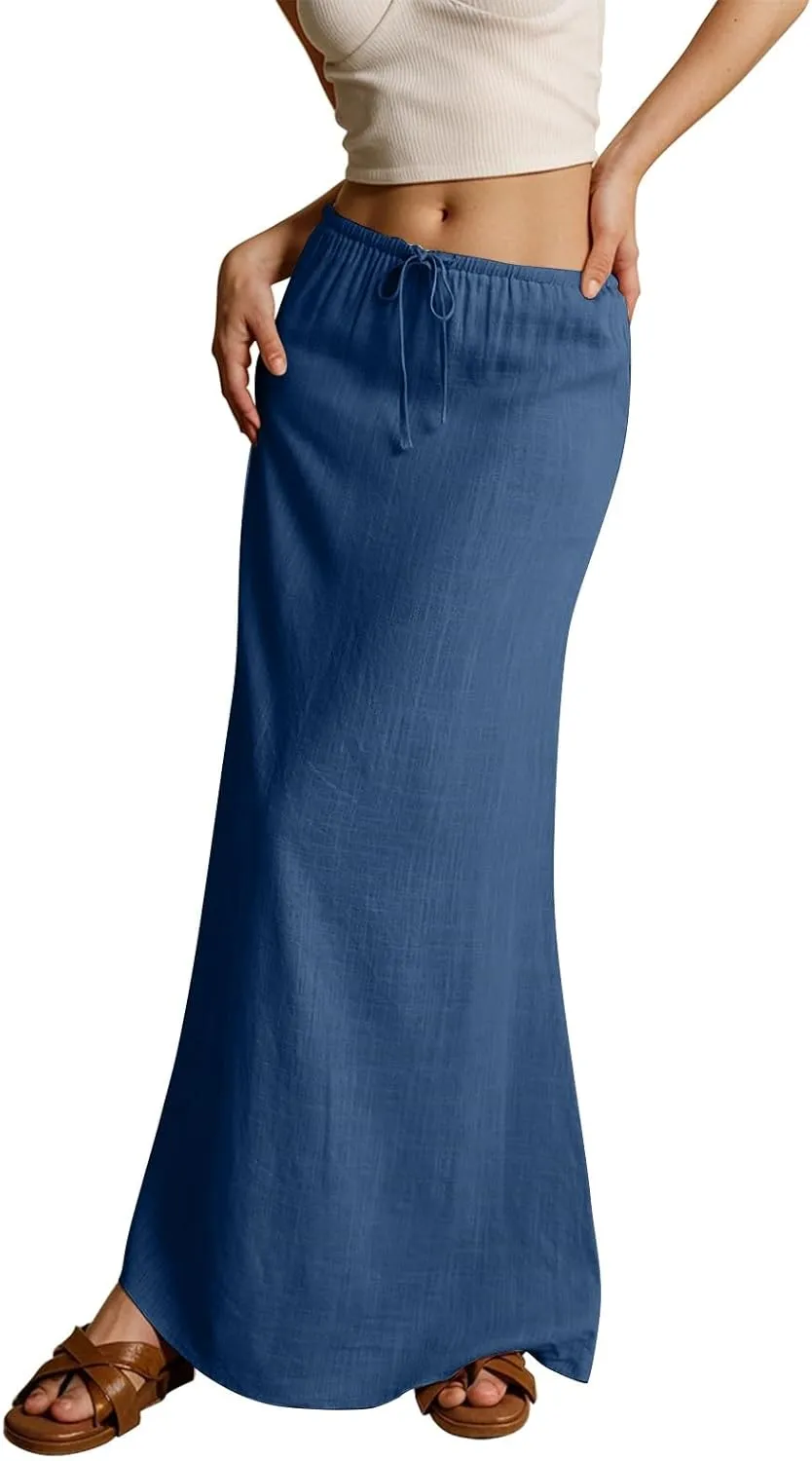 Pencil Skirt for Women Cotton Linen Summer Skirts Trendy Elastic Waist Drawstring Long Skirts for Beach Vacation