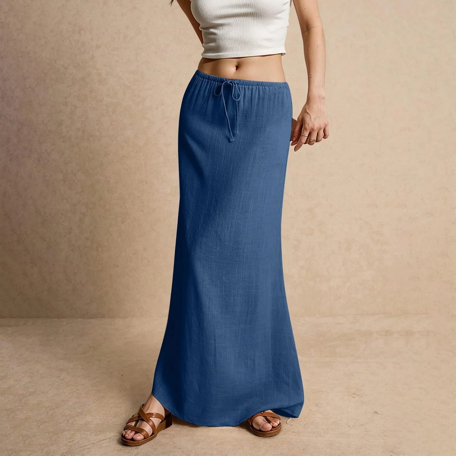 Pencil Skirt for Women Cotton Linen Summer Skirts Trendy Elastic Waist Drawstring Long Skirts for Beach Vacation