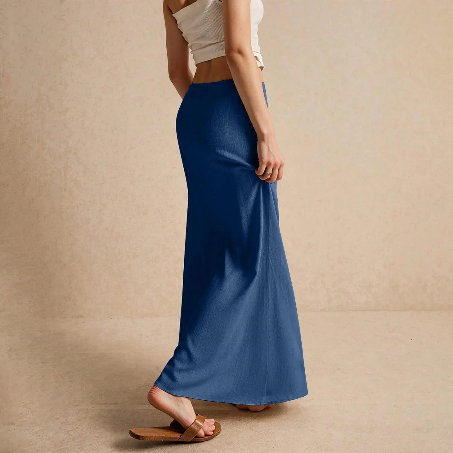 Pencil Skirt for Women Cotton Linen Summer Skirts Trendy Elastic Waist Drawstring Long Skirts for Beach Vacation