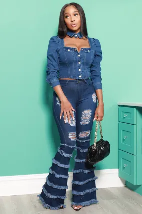 Promise Frayed High Rise Stretchy Flare Jeans - Dark Wash