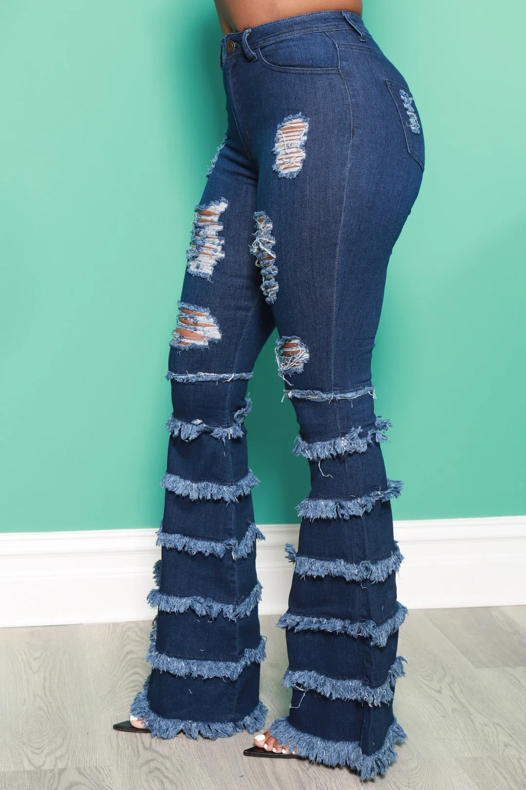 Promise Frayed High Rise Stretchy Flare Jeans - Dark Wash