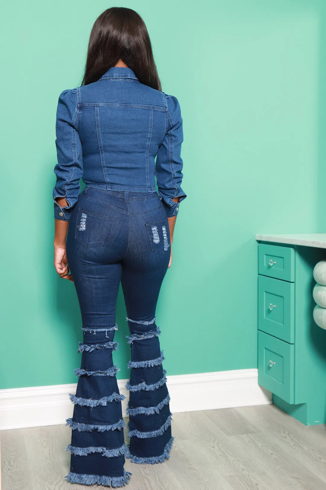 Promise Frayed High Rise Stretchy Flare Jeans - Dark Wash