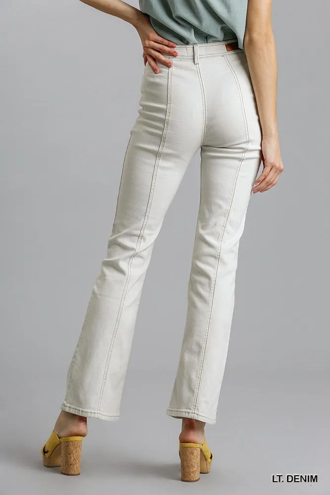 Stylish Panel Straight Cut Pants Denim Jeans With Pockets