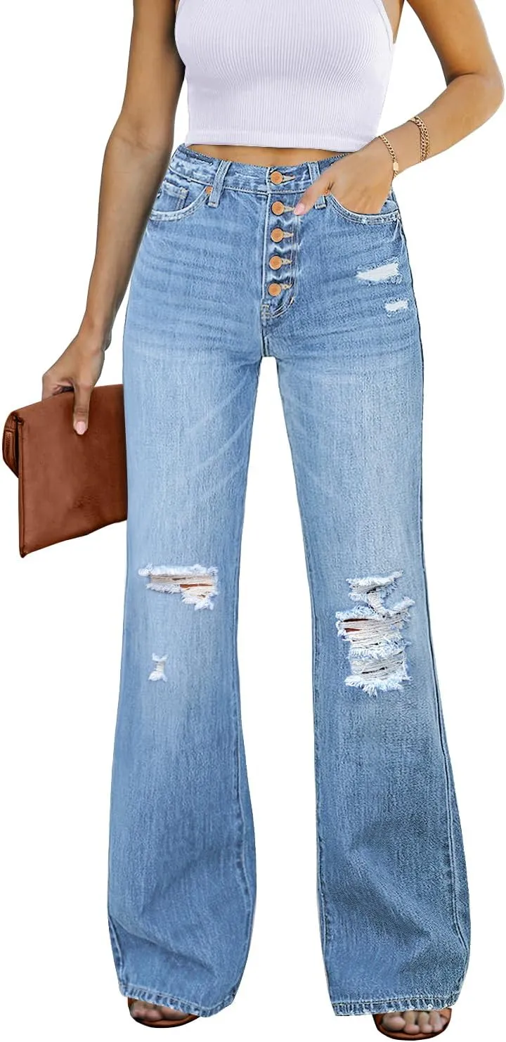 Utyful Women's High Waist Relaxed Fit Ripped Jeans Stretchy Flare Jeans Denim Pants