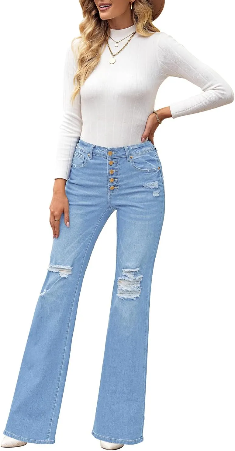 Utyful Women's High Waist Relaxed Fit Ripped Jeans Stretchy Flare Jeans Denim Pants