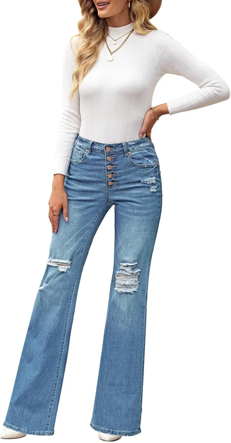 Utyful Women's High Waist Relaxed Fit Ripped Jeans Stretchy Flare Jeans Denim Pants