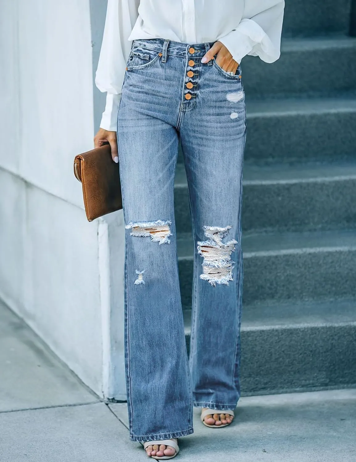 Utyful Women's High Waist Relaxed Fit Ripped Jeans Stretchy Flare Jeans Denim Pants