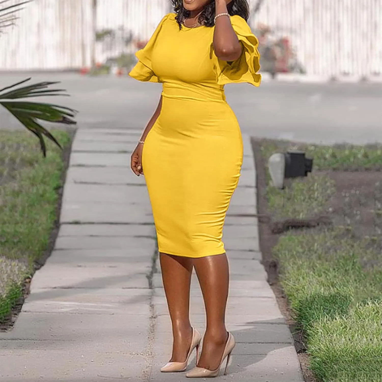 Women Elegant Midi Pencil Dress Ruffle Sleeve Round Neck Bodycon Cocktail Party Formal Dress