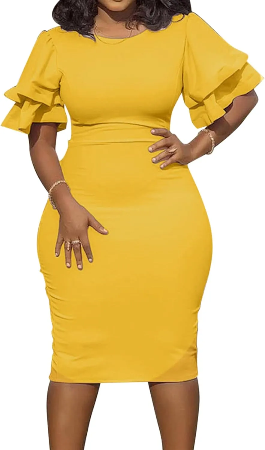 Women Elegant Midi Pencil Dress Ruffle Sleeve Round Neck Bodycon Cocktail Party Formal Dress
