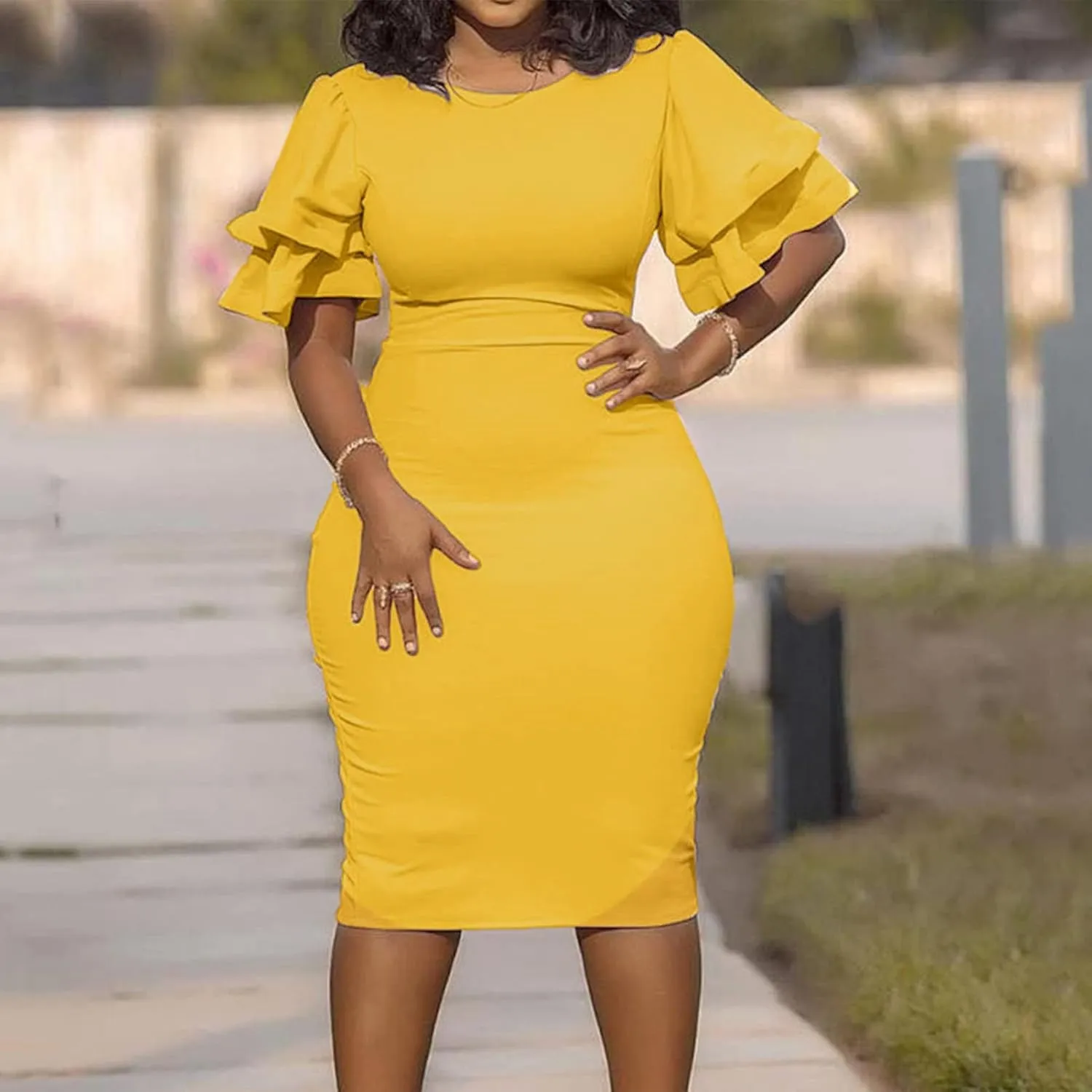 Women Elegant Midi Pencil Dress Ruffle Sleeve Round Neck Bodycon Cocktail Party Formal Dress