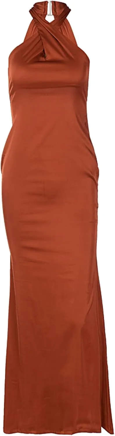 Women Sexy Bodycon Maxi Dress Cross Halter Backless Elegant Cocktail Party Evening Dress