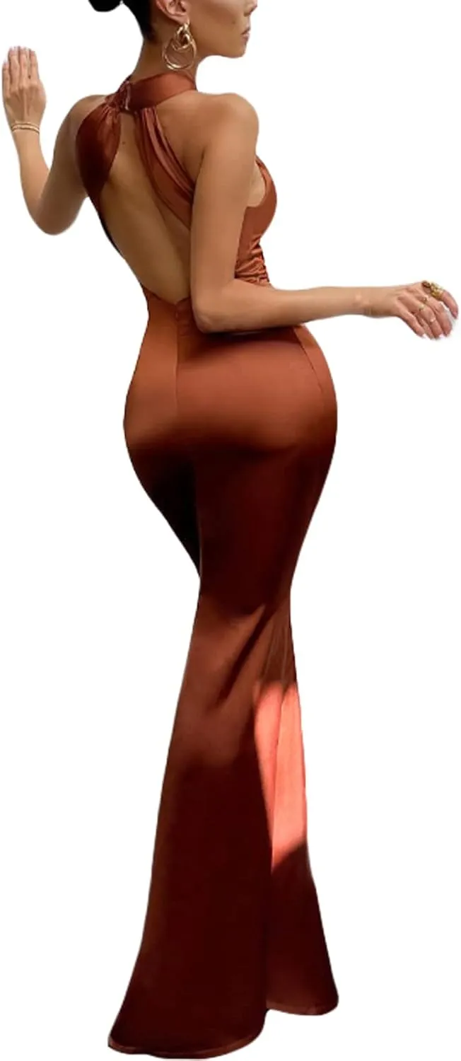 Women Sexy Bodycon Maxi Dress Cross Halter Backless Elegant Cocktail Party Evening Dress