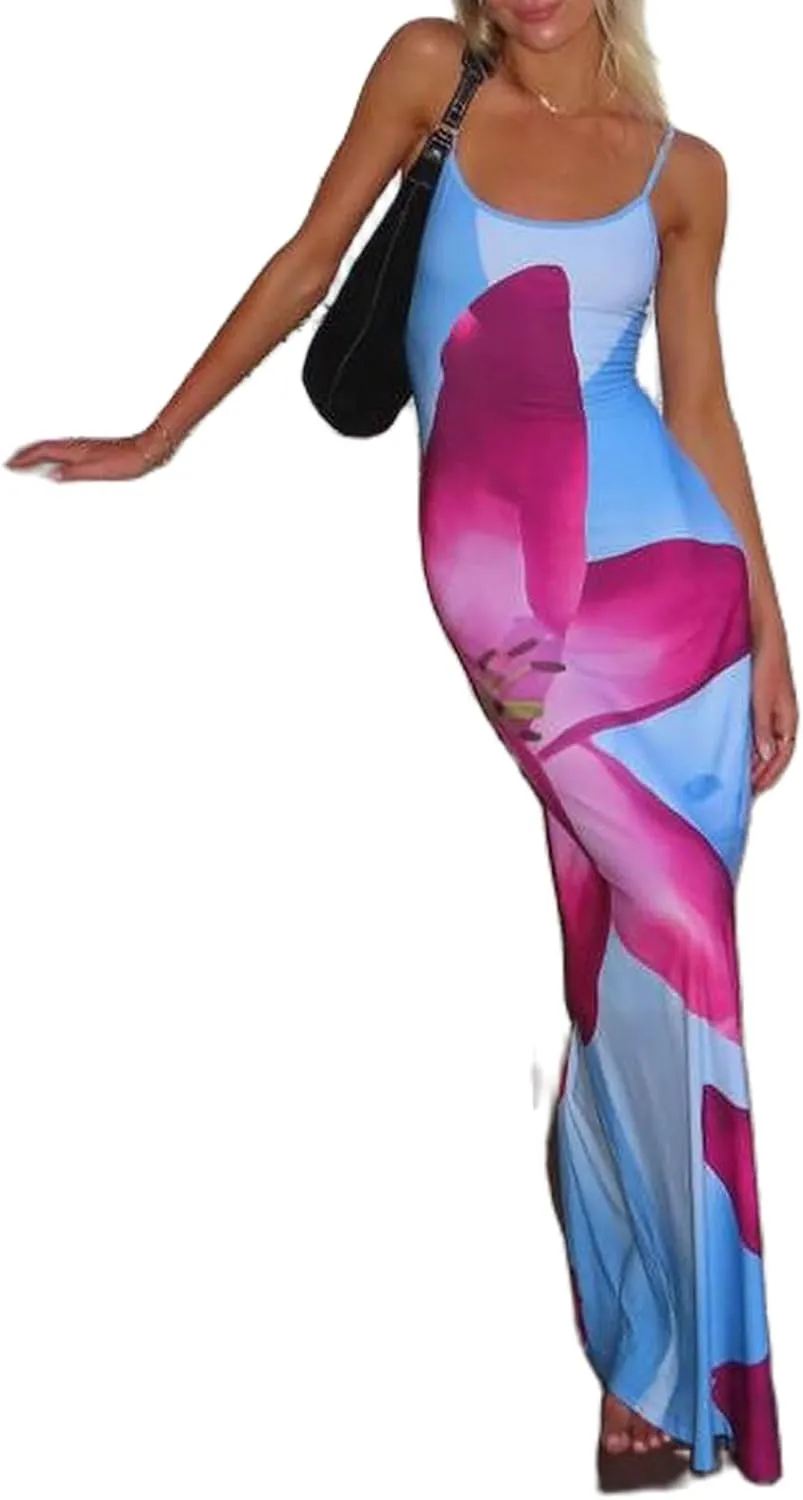 Women Sexy Floral Bodycon Maxi Dress Elegant Dress Sleeveless Summer Long Dress Cocktail Party Dress Beachwear