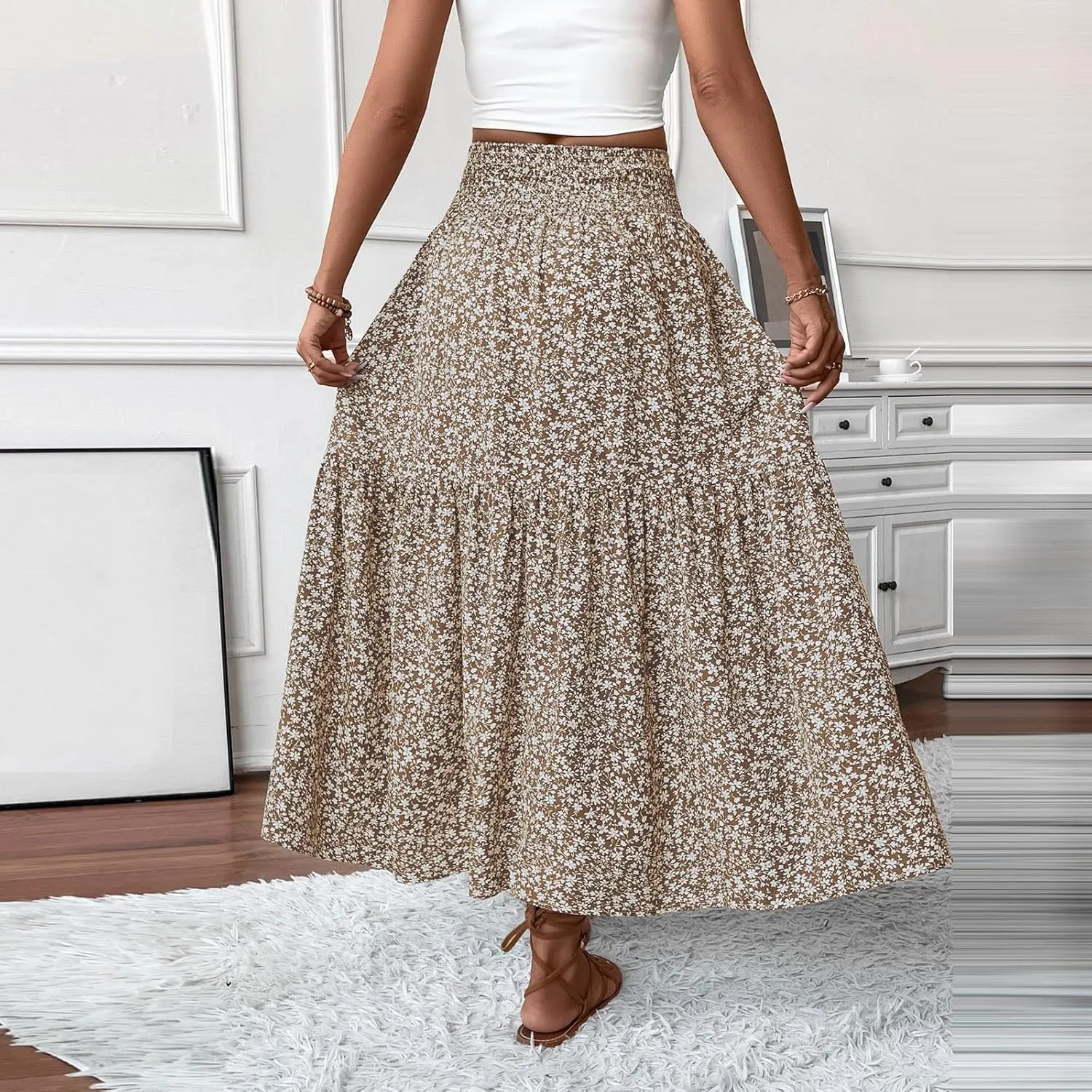 Womens Boho Maxi Skirt Summer 2025 Floral Print Long Skirts Fashion Smocked High Waisted Maxi Skirts with Pockets