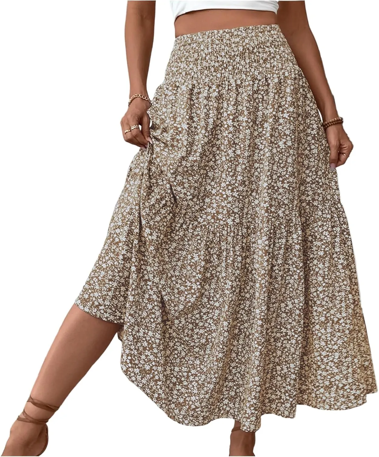 Womens Boho Maxi Skirt Summer 2025 Floral Print Long Skirts Fashion Smocked High Waisted Maxi Skirts with Pockets
