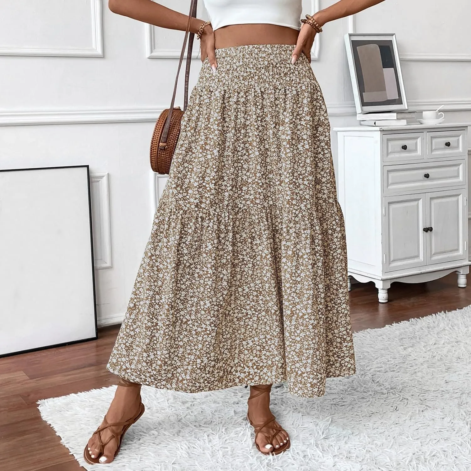 Womens Boho Maxi Skirt Summer 2025 Floral Print Long Skirts Fashion Smocked High Waisted Maxi Skirts with Pockets