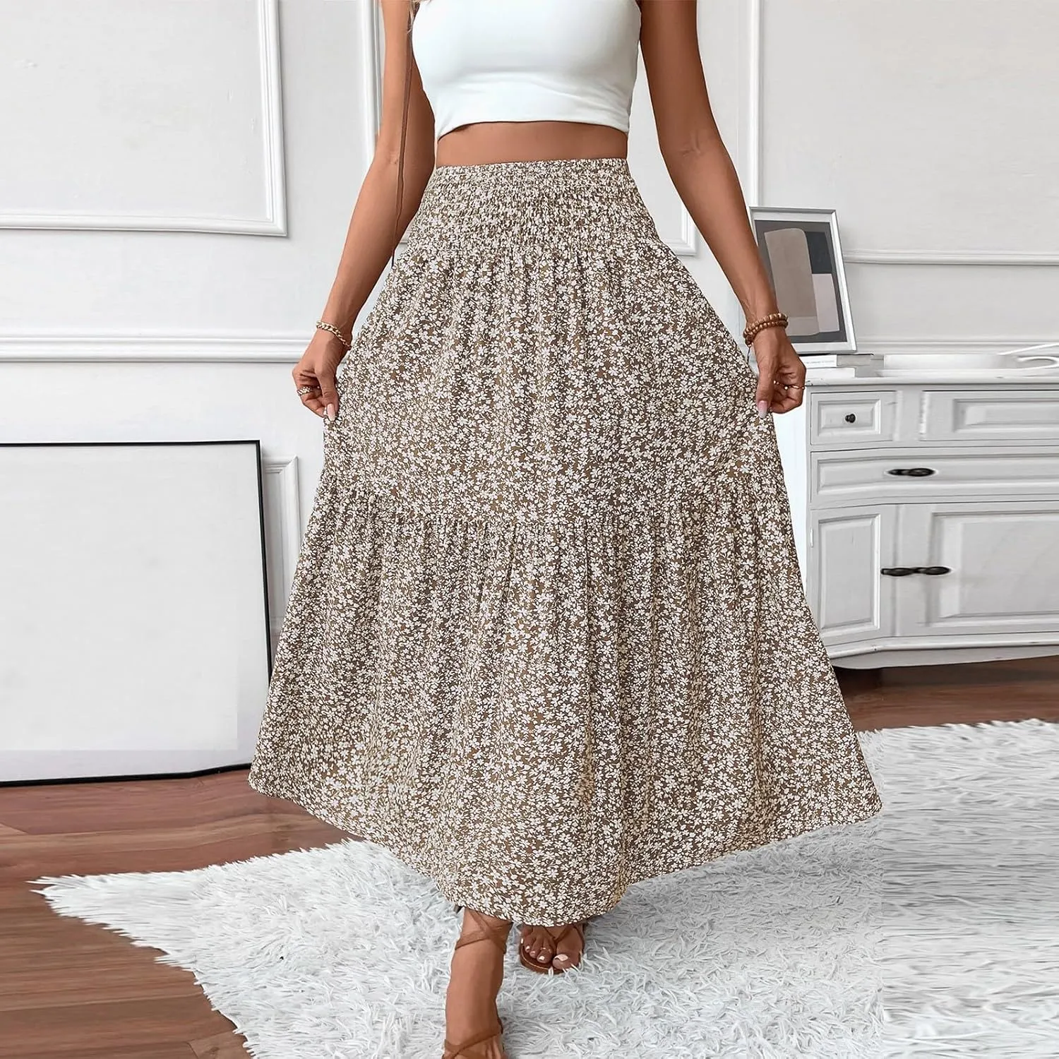 Womens Boho Maxi Skirt Summer 2025 Floral Print Long Skirts Fashion Smocked High Waisted Maxi Skirts with Pockets