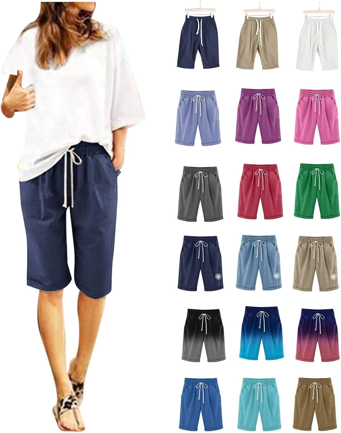 Women's Cargo Shorts Summer High Waisted Bermuda Shorts Casual Trendy Hiking Outfits Knee Length Pant with Pockets
