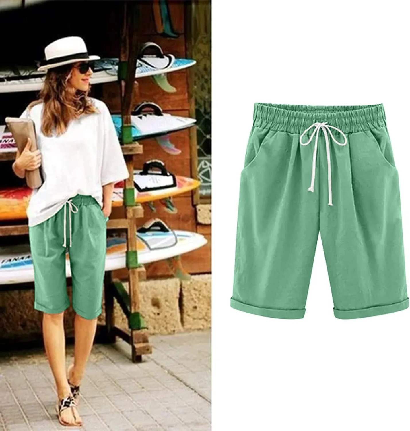 Women's Cargo Shorts Summer High Waisted Bermuda Shorts Casual Trendy Hiking Outfits Knee Length Pant with Pockets
