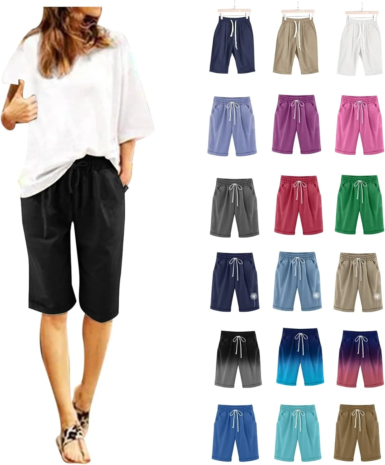 Women's Cargo Shorts Summer High Waisted Bermuda Shorts Casual Trendy Hiking Outfits Knee Length Pant with Pockets