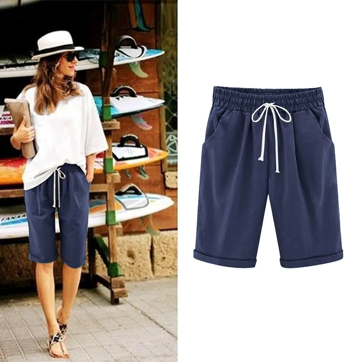 Women's Cargo Shorts Summer High Waisted Bermuda Shorts Casual Trendy Hiking Outfits Knee Length Pant with Pockets