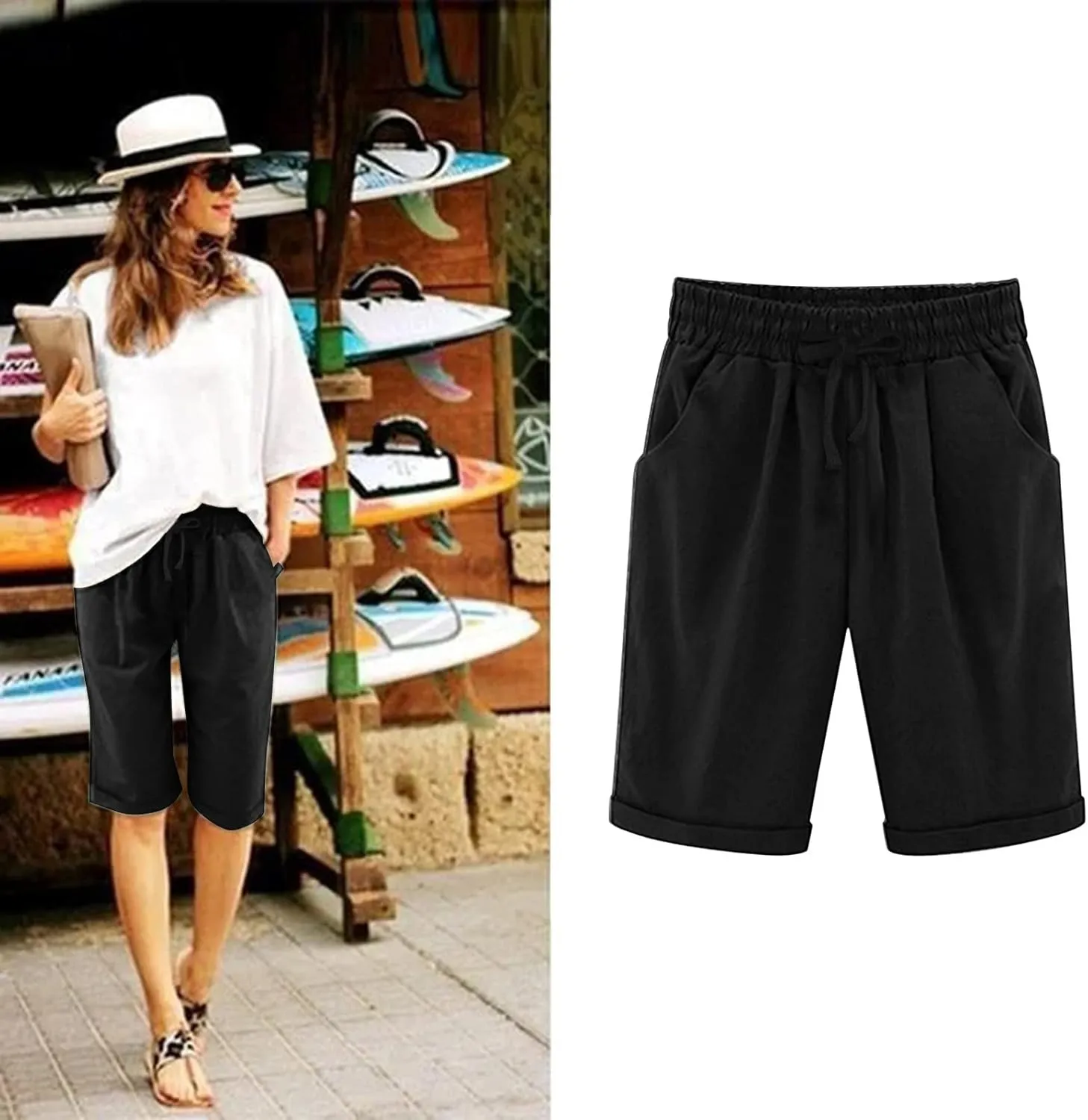 Women's Cargo Shorts Summer High Waisted Bermuda Shorts Casual Trendy Hiking Outfits Knee Length Pant with Pockets