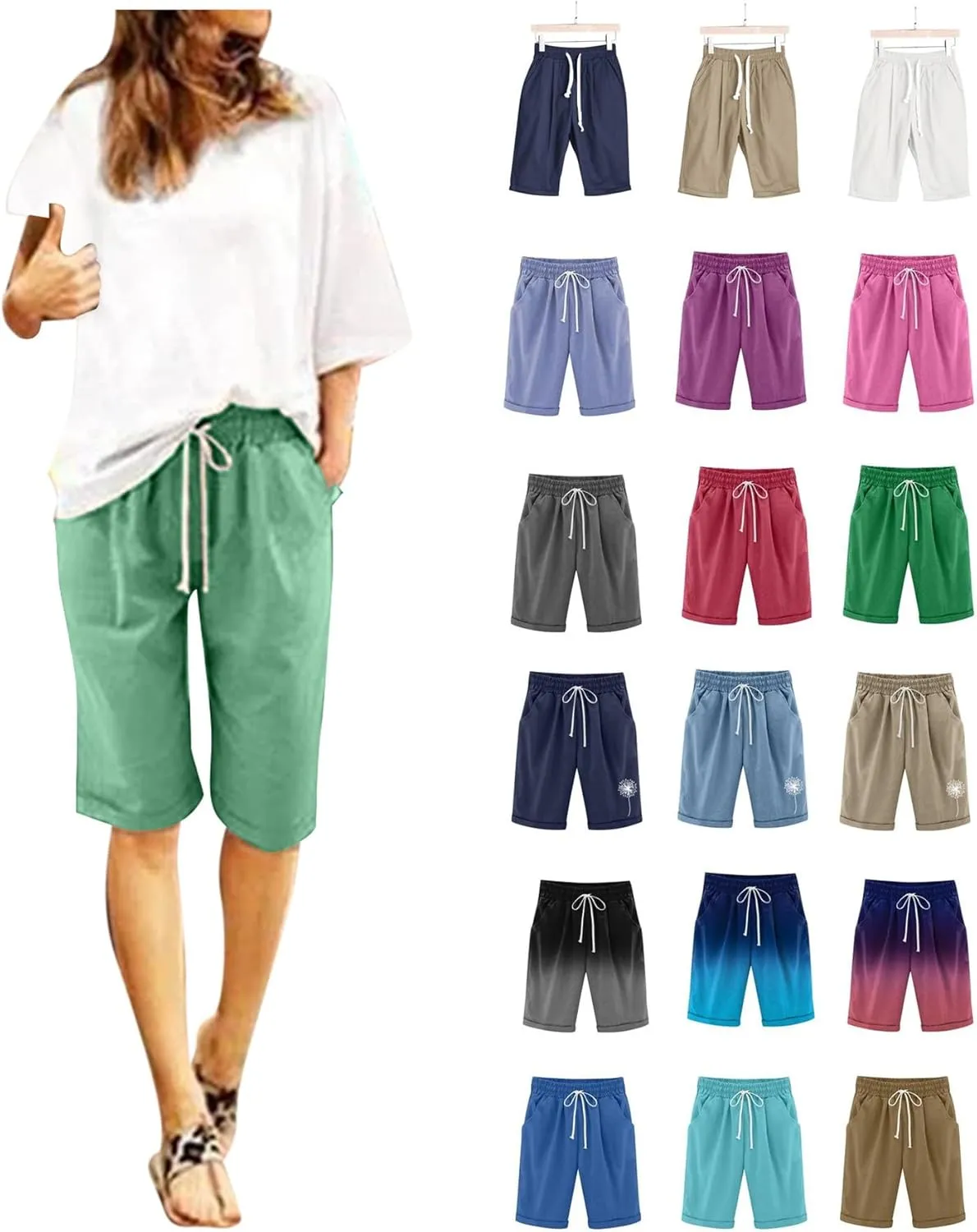 Women's Cargo Shorts Summer High Waisted Bermuda Shorts Casual Trendy Hiking Outfits Knee Length Pant with Pockets