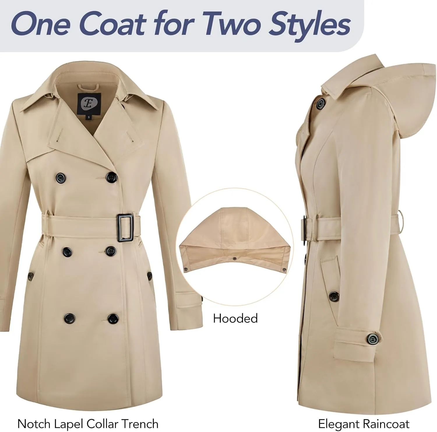 Women's Double-Breasted Trench Coat,Classic Windbreaker with Removable Hood, Belted Lapel Overcoat