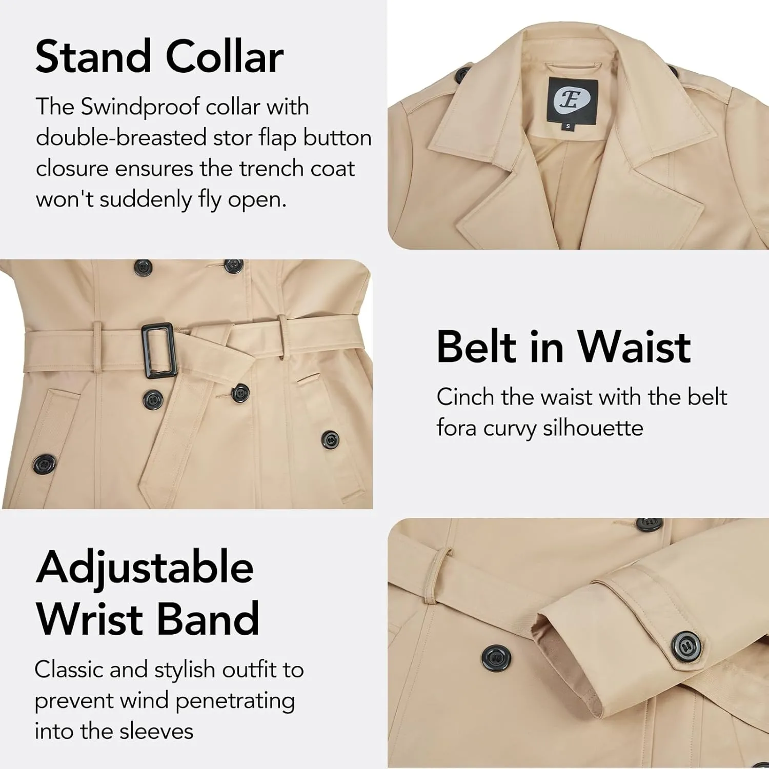 Women's Double-Breasted Trench Coat,Classic Windbreaker with Removable Hood, Belted Lapel Overcoat