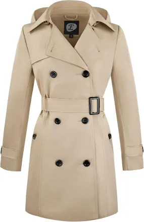 Women's Double-Breasted Trench Coat,Classic Windbreaker with Removable Hood, Belted Lapel Overcoat